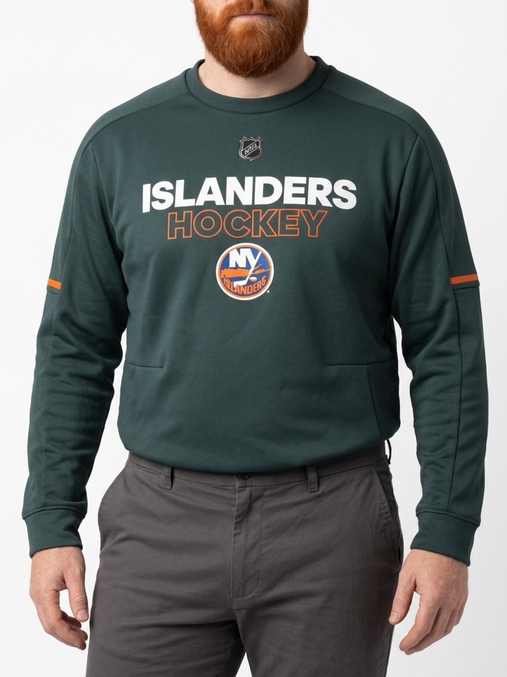 adidas Islanders Hockey Crewneck in Olive Green with Orange and White Accents